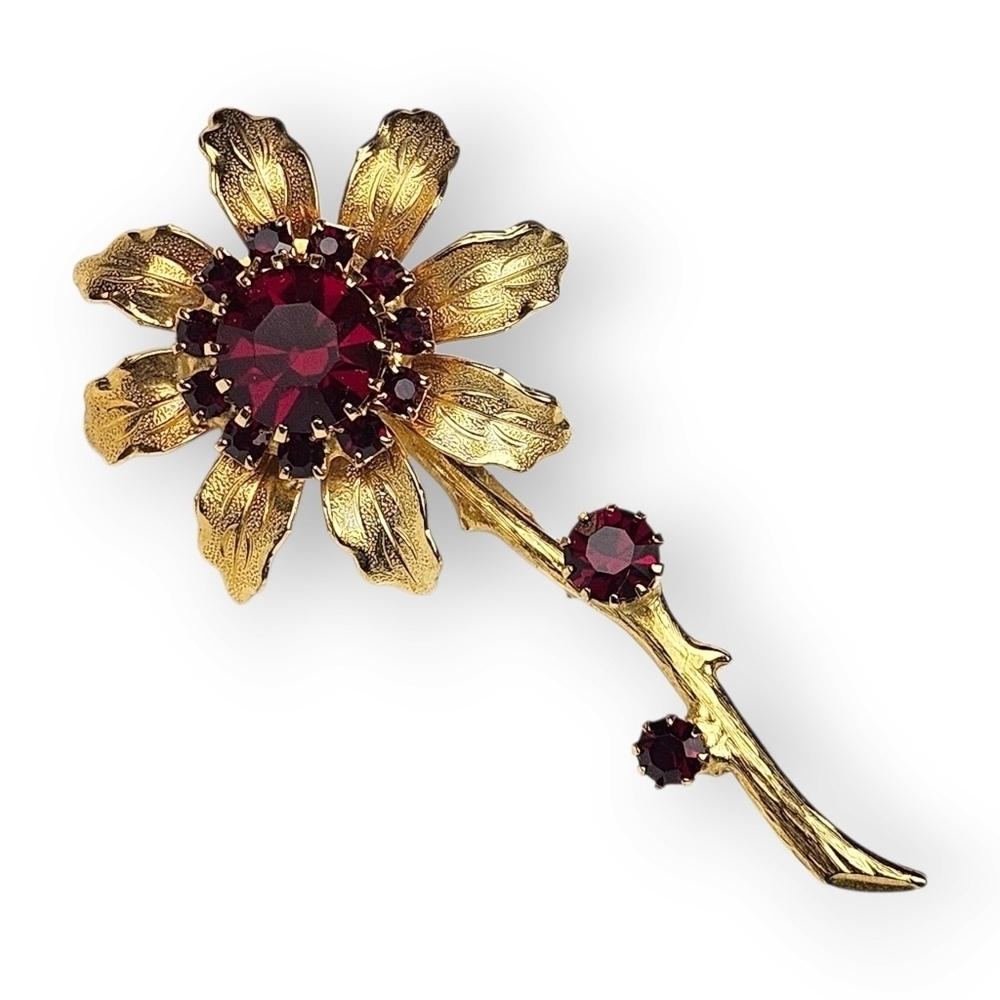 Vintage Rhinestone Flower Brooch Tiered Dark Red Glass Brushed Gold Plate 2.75"
